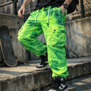 Palm Angels - Mens TieDye Neon Green Nylon Cargo Pants